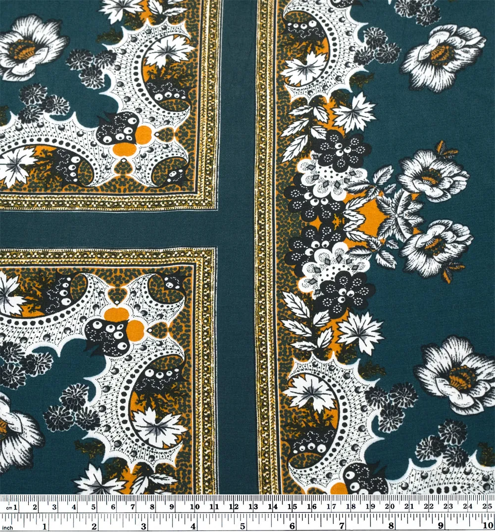 Deadstock Handkerchief Viscose Crepe - Petrol/White/Saffron