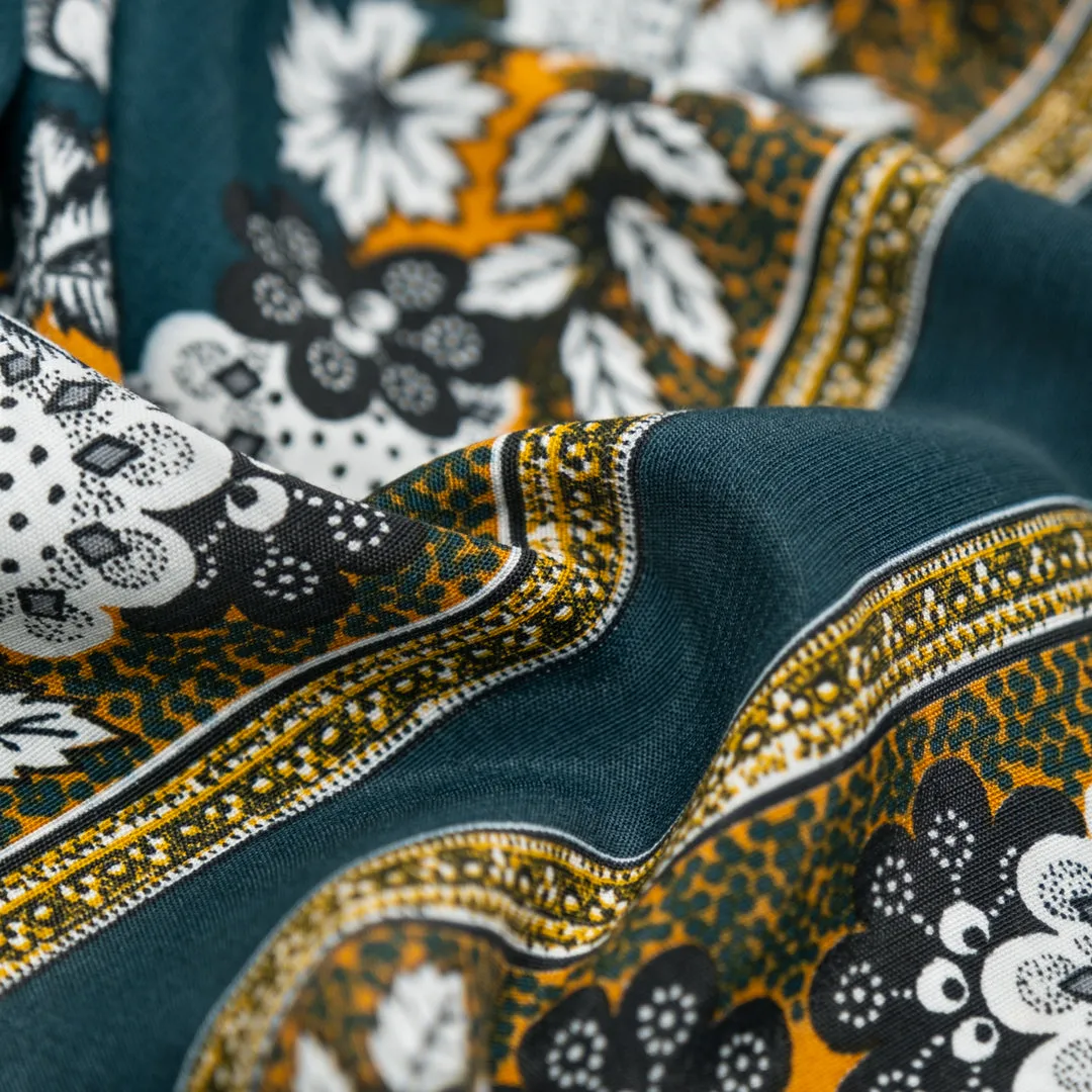 Deadstock Handkerchief Viscose Crepe - Petrol/White/Saffron