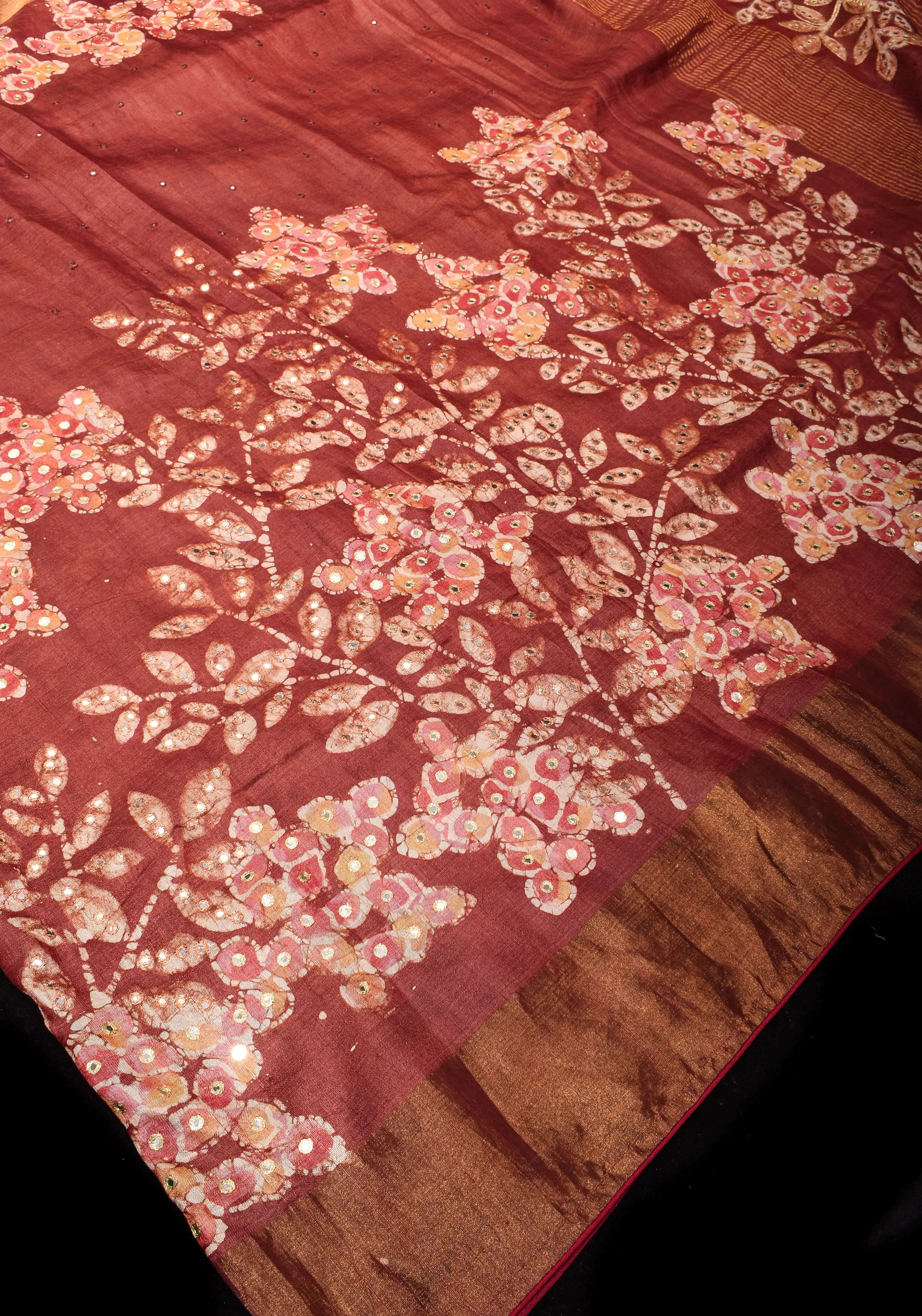 Earthly Red Tussar Silk Saree and Embroidered Mirror Work with Floral Batik leaf Print | SILK MARK CERTIFIED