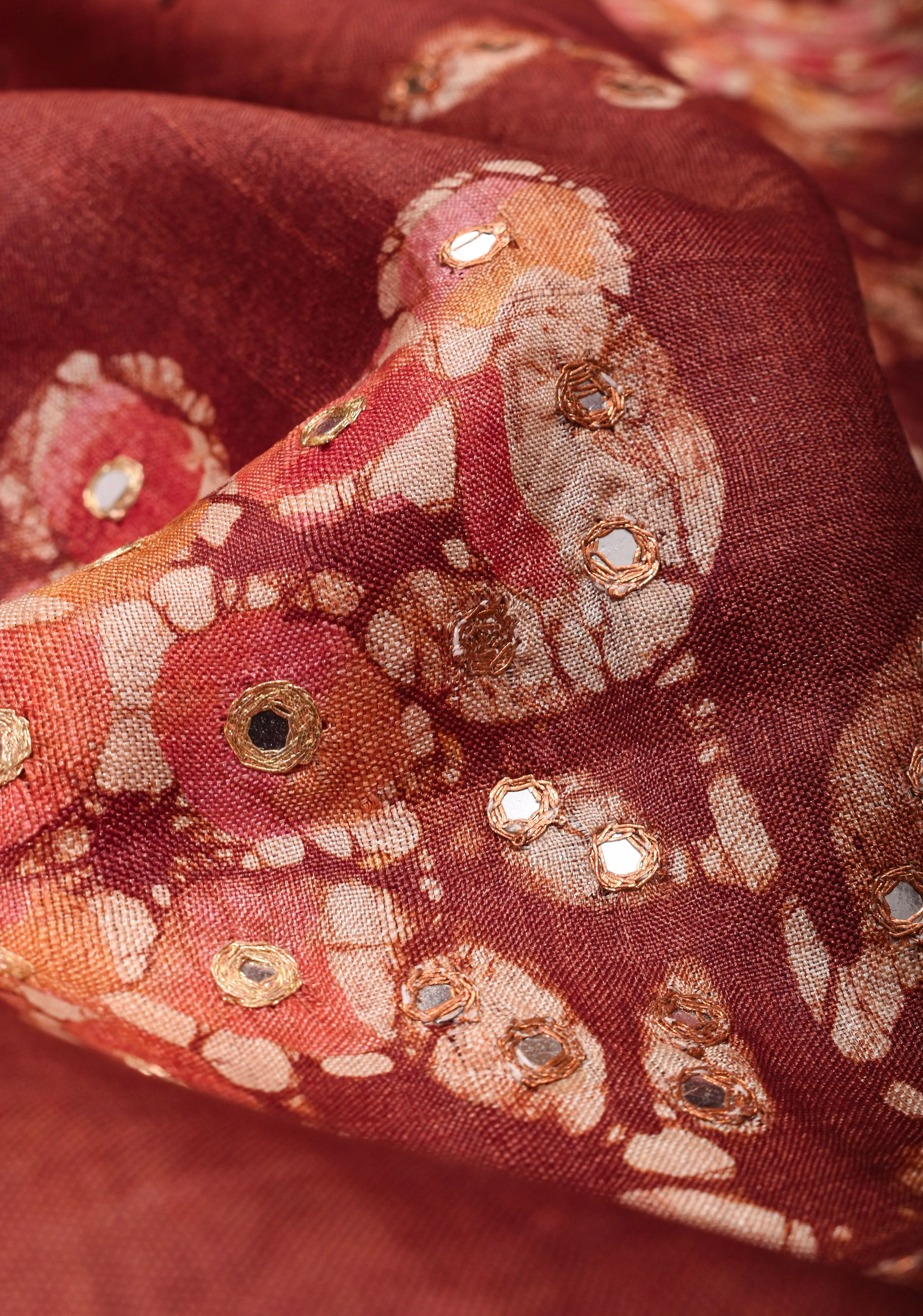 Earthly Red Tussar Silk Saree and Embroidered Mirror Work with Floral Batik leaf Print | SILK MARK CERTIFIED