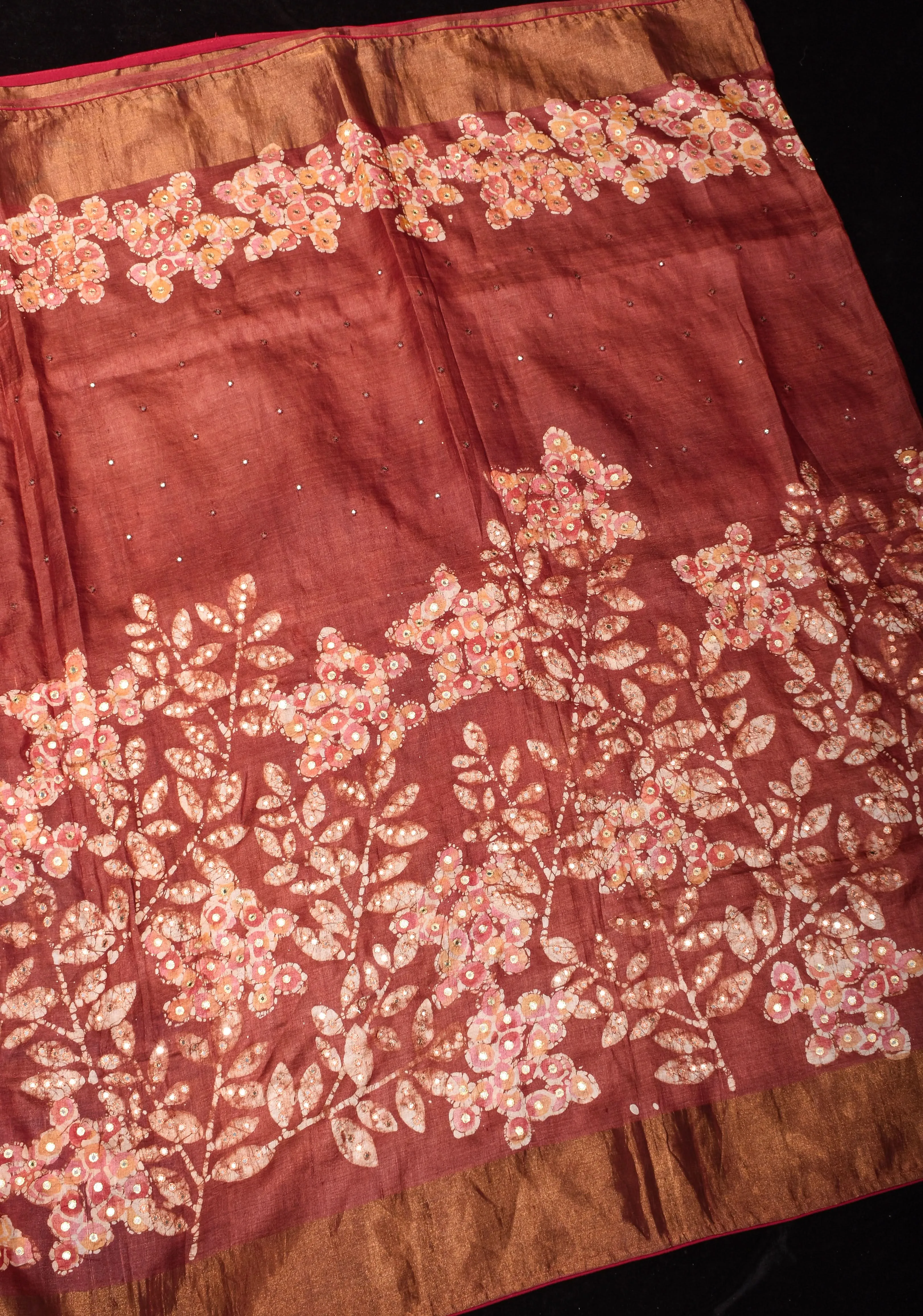 Earthly Red Tussar Silk Saree and Embroidered Mirror Work with Floral Batik leaf Print | SILK MARK CERTIFIED
