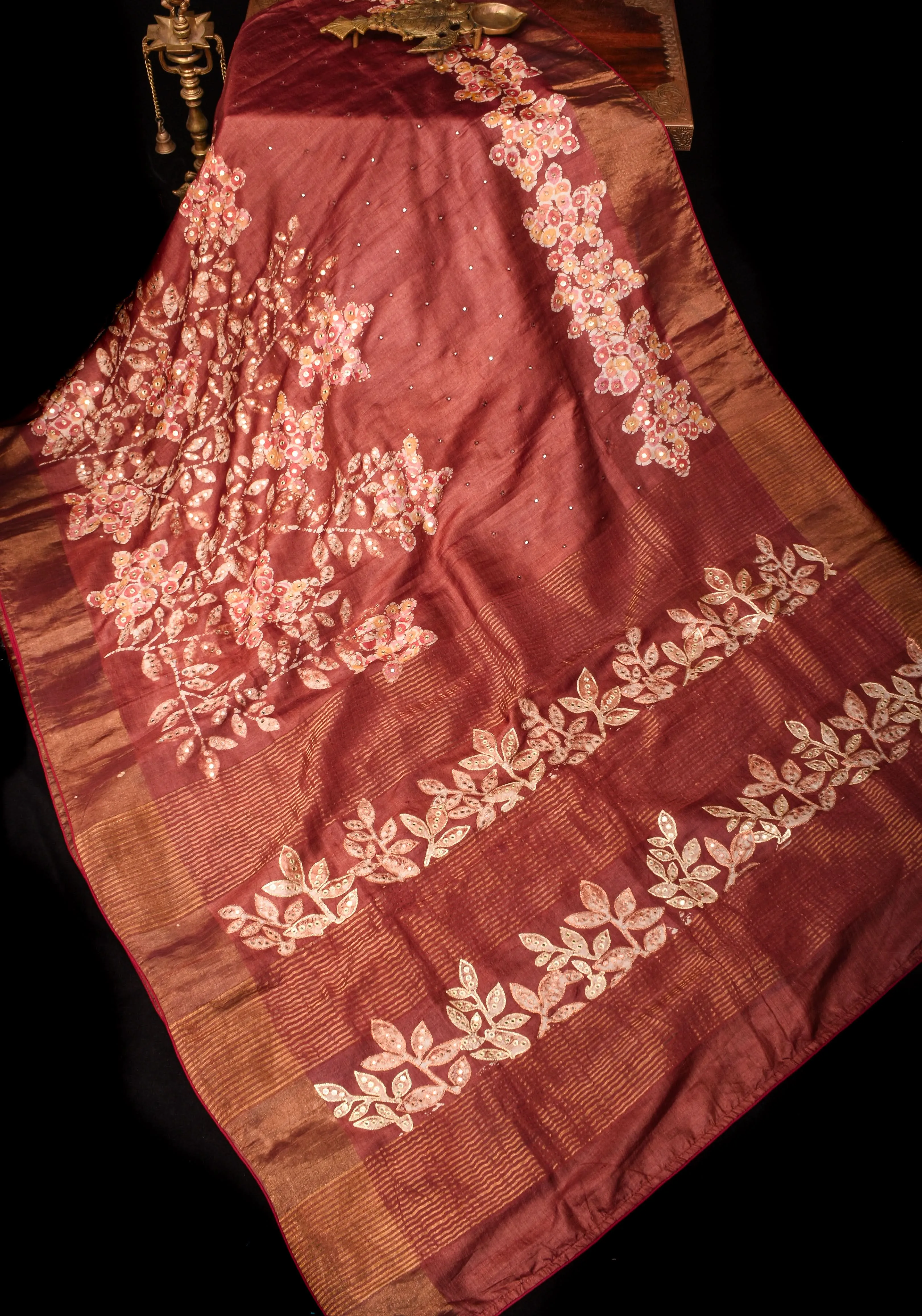Earthly Red Tussar Silk Saree and Embroidered Mirror Work with Floral Batik leaf Print | SILK MARK CERTIFIED