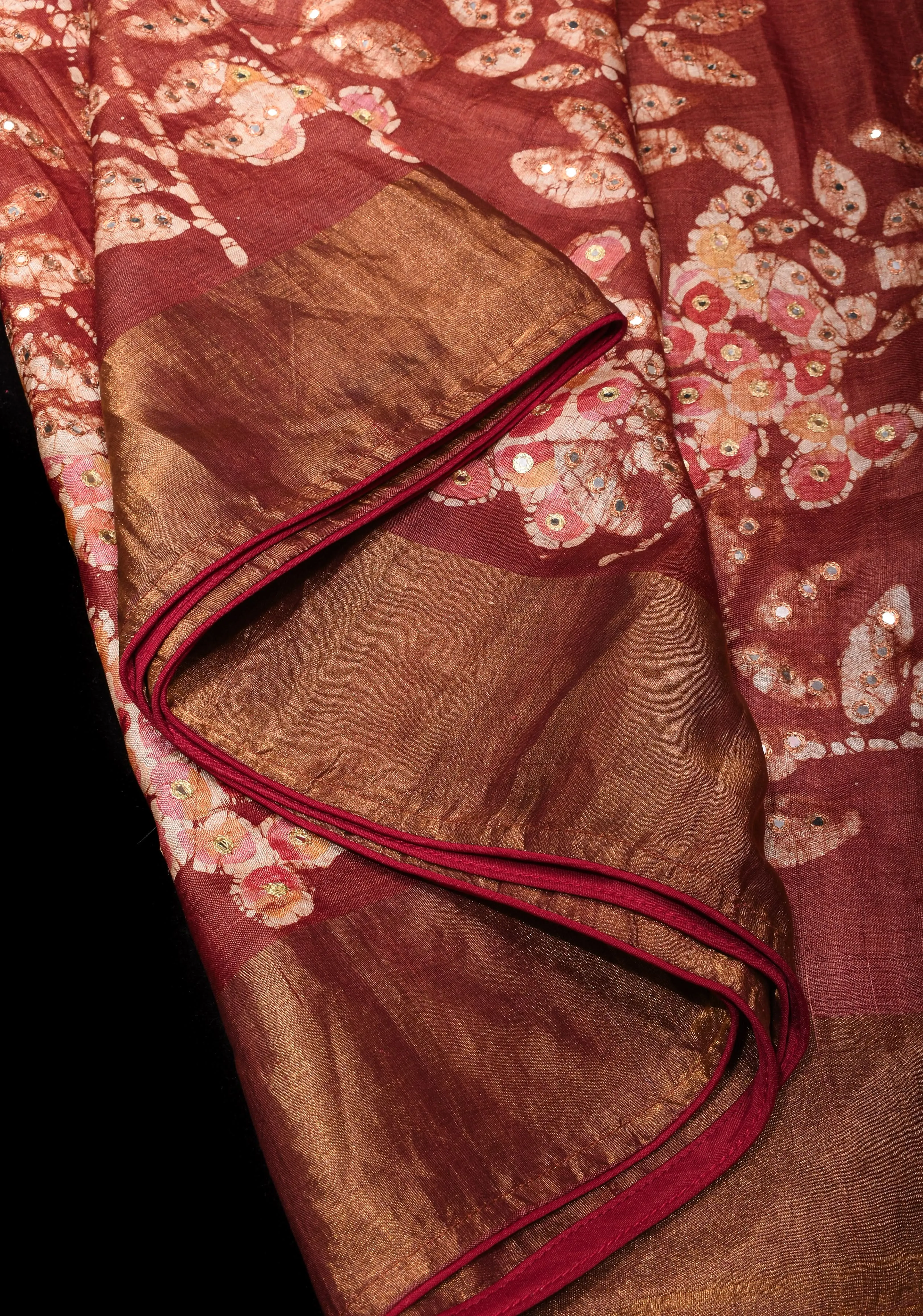 Earthly Red Tussar Silk Saree and Embroidered Mirror Work with Floral Batik leaf Print | SILK MARK CERTIFIED