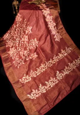 Earthly Red Tussar Silk Saree and Embroidered Mirror Work with Floral Batik leaf Print | SILK MARK CERTIFIED