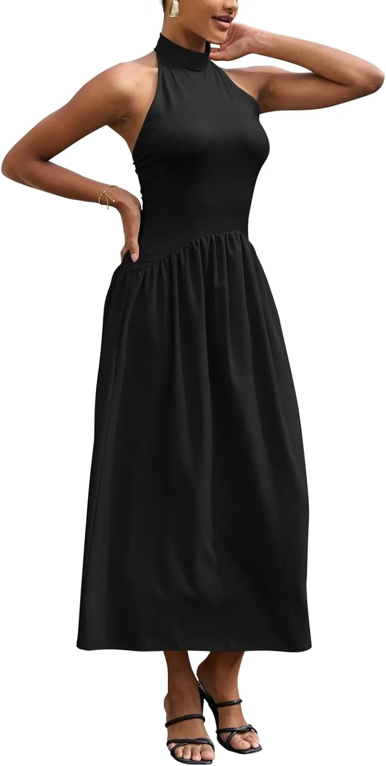 Ekaliy Women Halter Neck Maxi Dresses Casual Sleeveless Patchwork Flowy Maxi Dress
