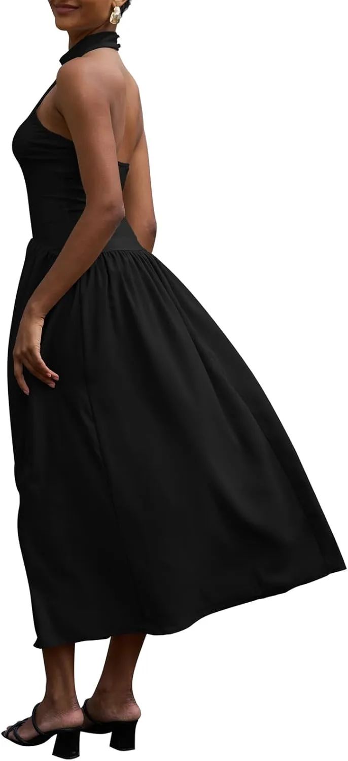 Ekaliy Women Halter Neck Maxi Dresses Casual Sleeveless Patchwork Flowy Maxi Dress