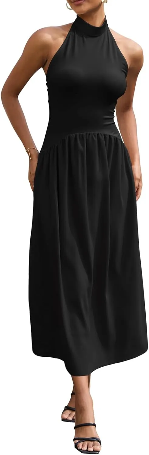 Ekaliy Women Halter Neck Maxi Dresses Casual Sleeveless Patchwork Flowy Maxi Dress