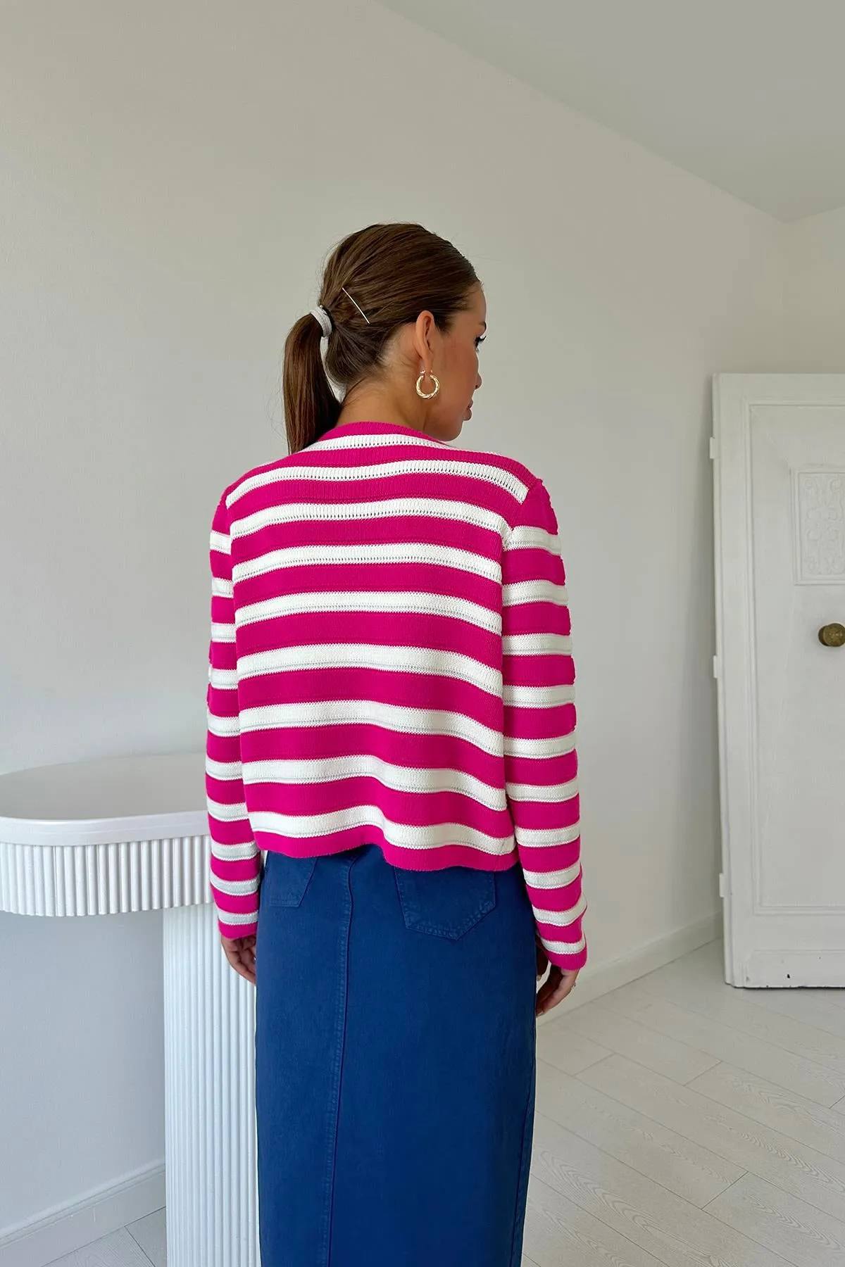 ELS Striped and Buttoned Knit Sweater - Fuchsia - Manfredonia