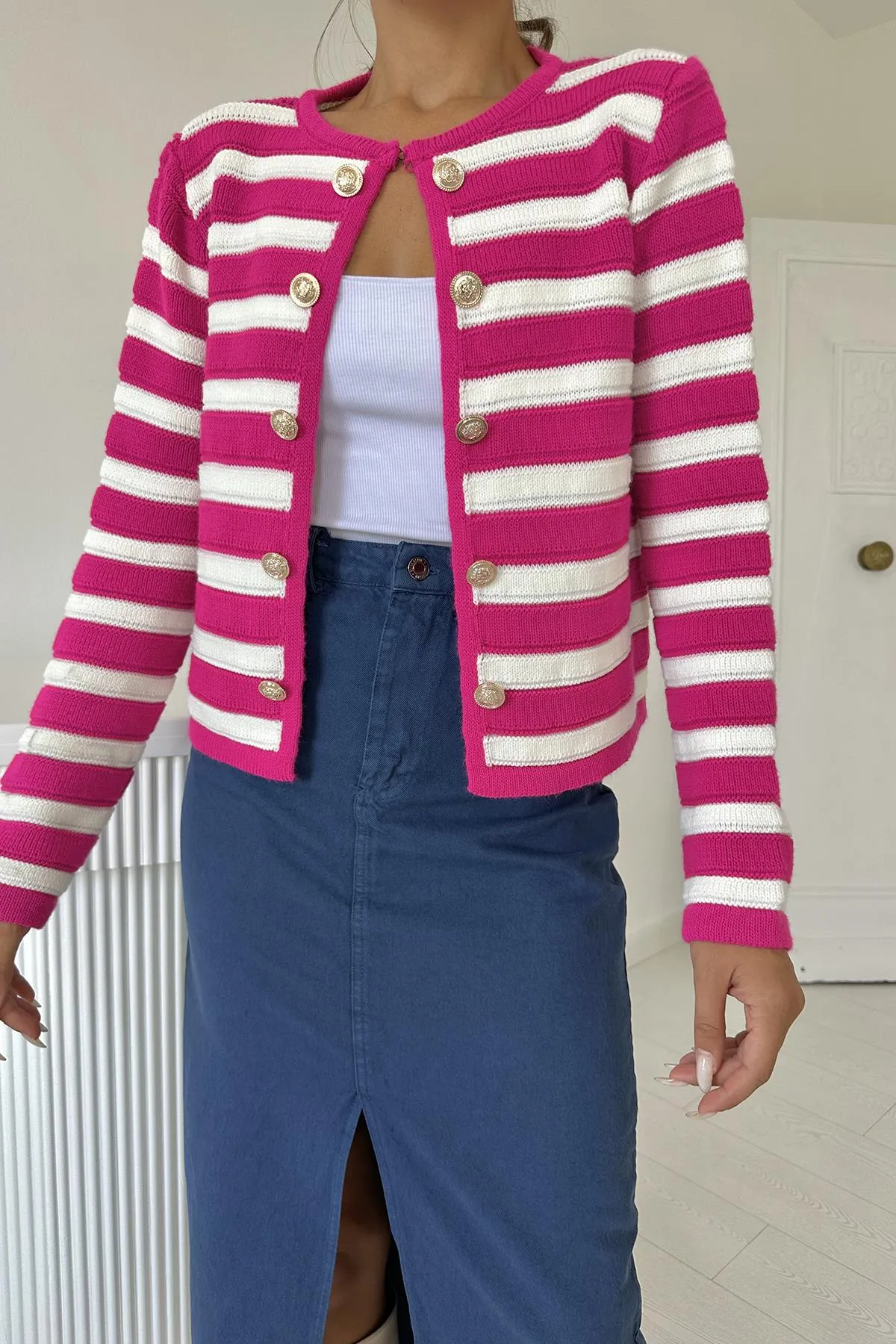 ELS Striped and Buttoned Knit Sweater - Fuchsia - Manfredonia