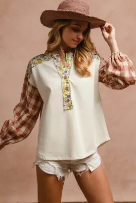 Explore More Collection - BiBi Floral Notched Plaid Balloon Sleeve Top