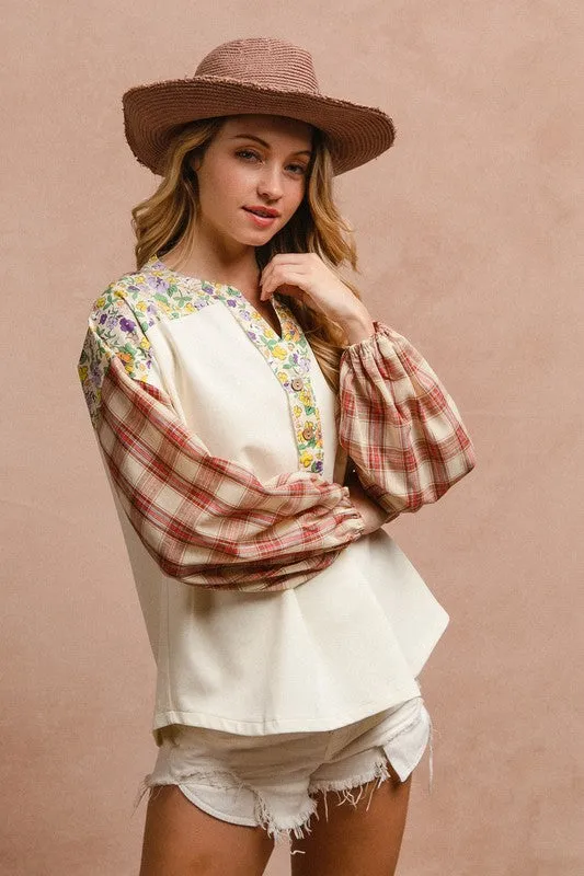 Explore More Collection - BiBi Floral Notched Plaid Balloon Sleeve Top