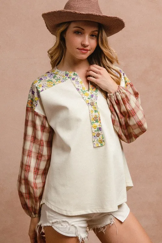 Explore More Collection - BiBi Floral Notched Plaid Balloon Sleeve Top