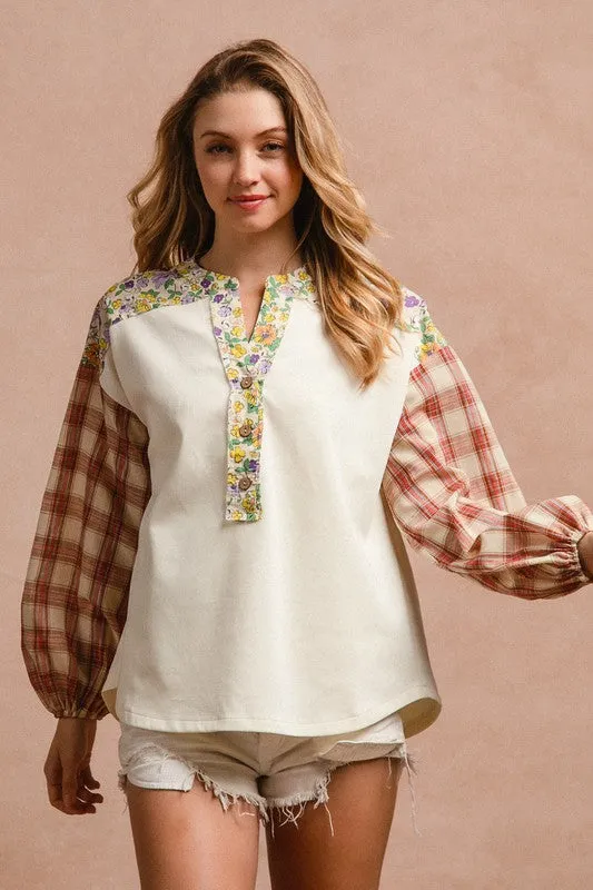 Explore More Collection - BiBi Floral Notched Plaid Balloon Sleeve Top