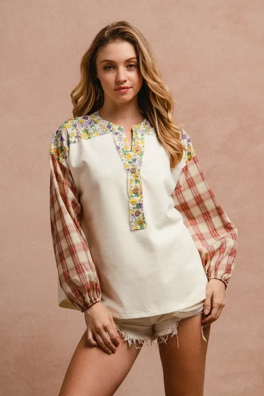 Explore More Collection - BiBi Floral Notched Plaid Balloon Sleeve Top
