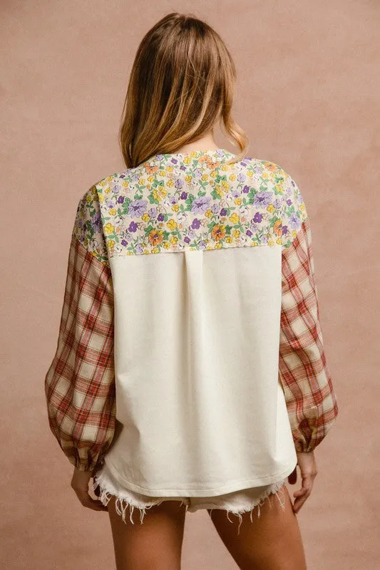 Explore More Collection - BiBi Floral Notched Plaid Balloon Sleeve Top