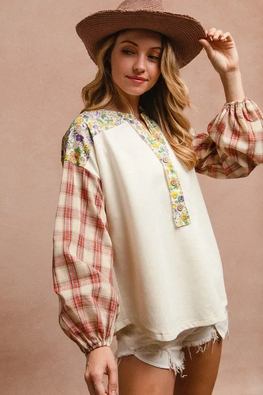 Explore More Collection - BiBi Floral Notched Plaid Balloon Sleeve Top