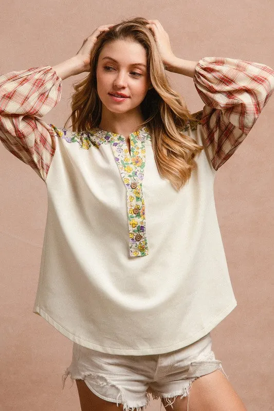 Explore More Collection - BiBi Floral Notched Plaid Balloon Sleeve Top