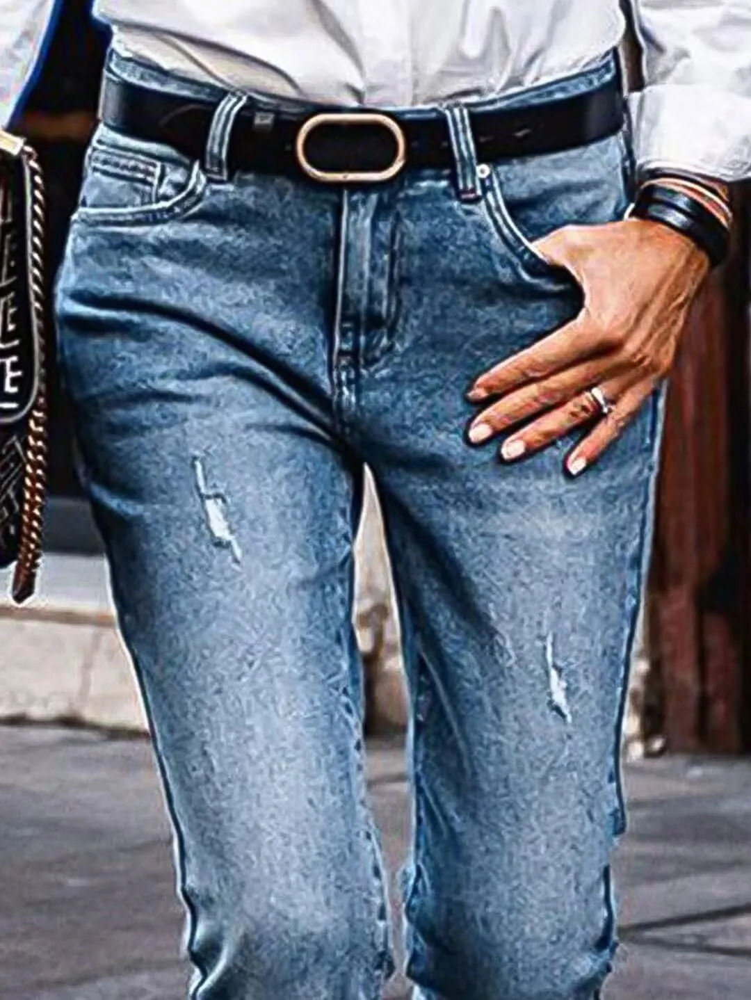 Flamingals Straight Leg Low Waist Boyfriend Roll Hem Wash Detail Denim Jeans Without Belt