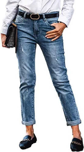 Flamingals Straight Leg Low Waist Boyfriend Roll Hem Wash Detail Denim Jeans Without Belt