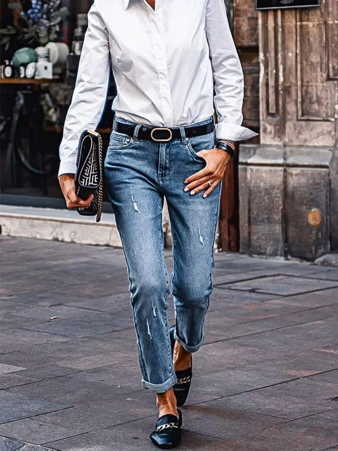 Flamingals Straight Leg Low Waist Boyfriend Roll Hem Wash Detail Denim Jeans Without Belt
