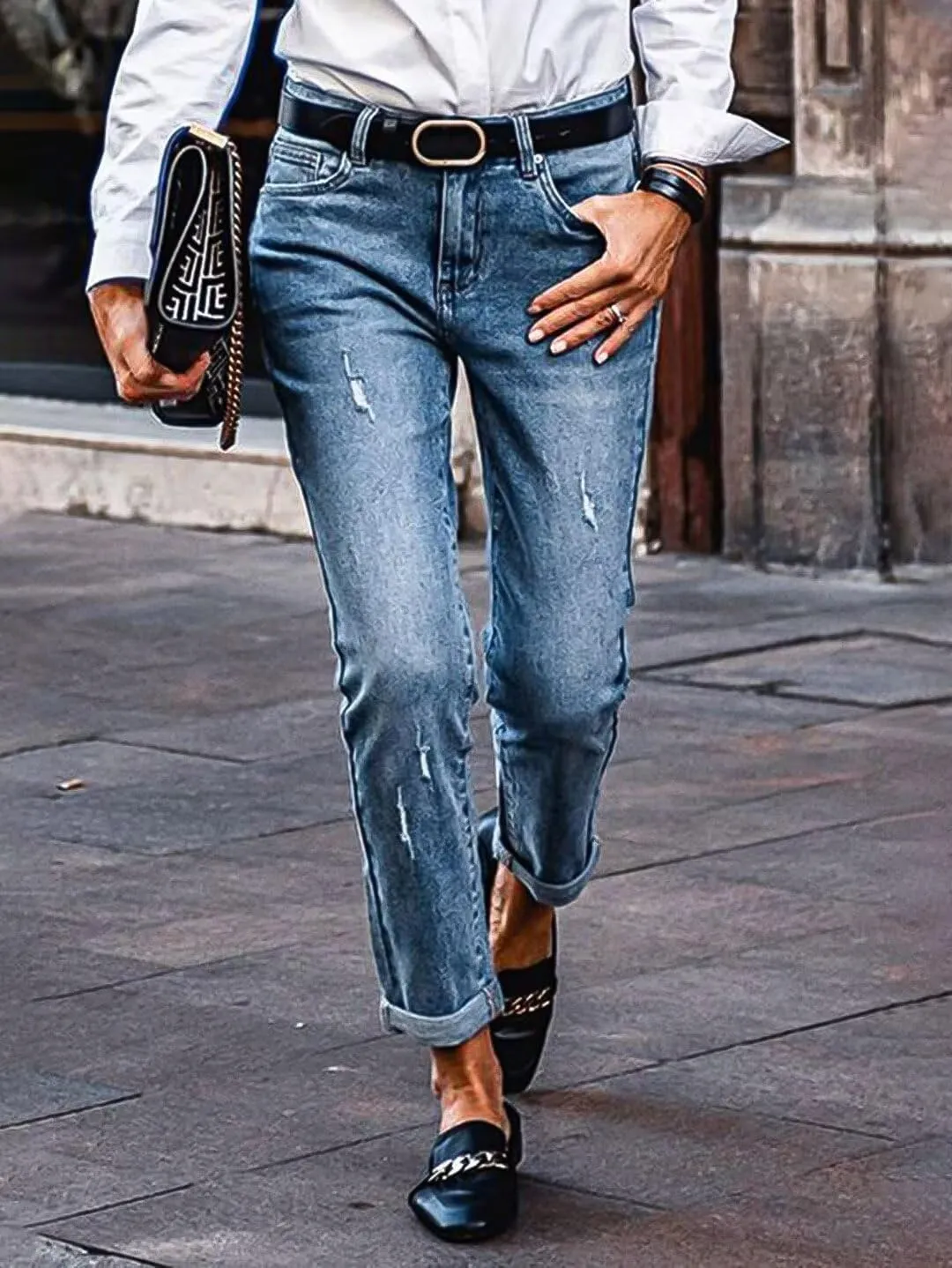 Flamingals Straight Leg Low Waist Boyfriend Roll Hem Wash Detail Denim Jeans Without Belt