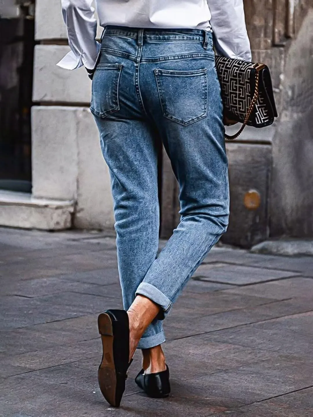 Flamingals Straight Leg Low Waist Boyfriend Roll Hem Wash Detail Denim Jeans Without Belt