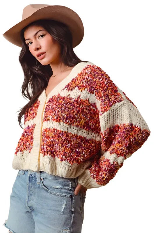 Fluffy Striped Buttoned Cardigan