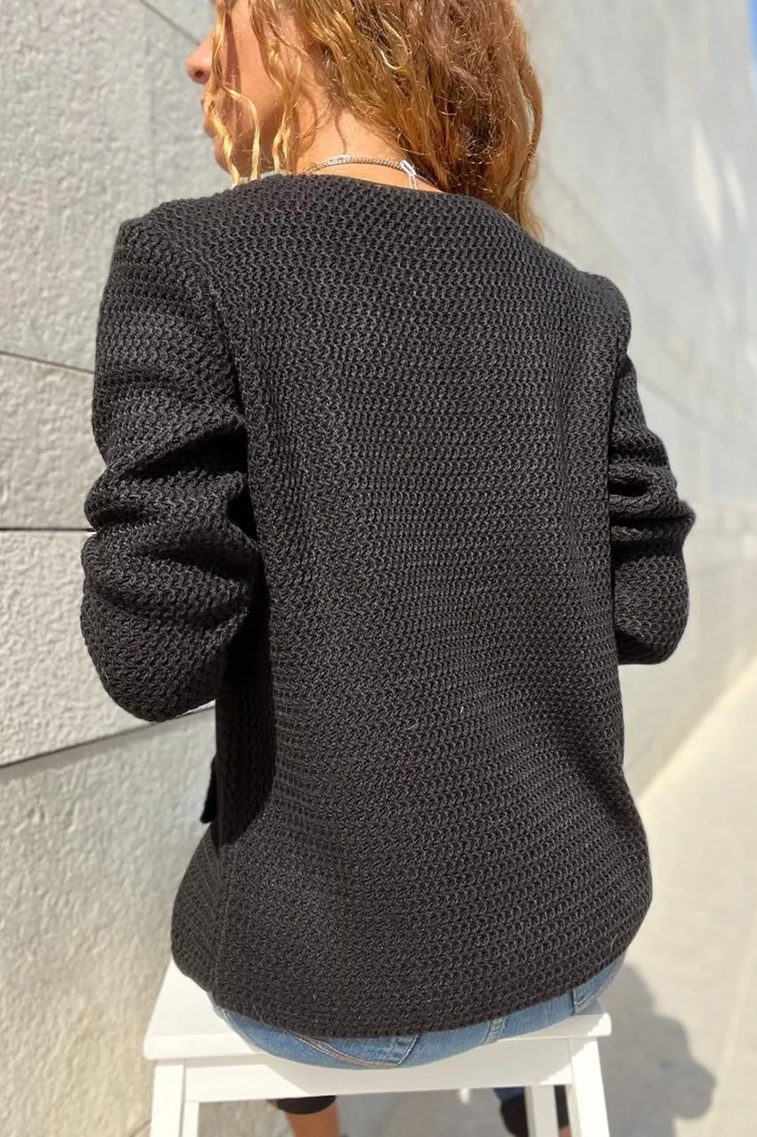 GNS Woman Black Napoleon Buttoned Pocket Accessorized Special Textured Jacket Cardigan Cck95002 - Columbus