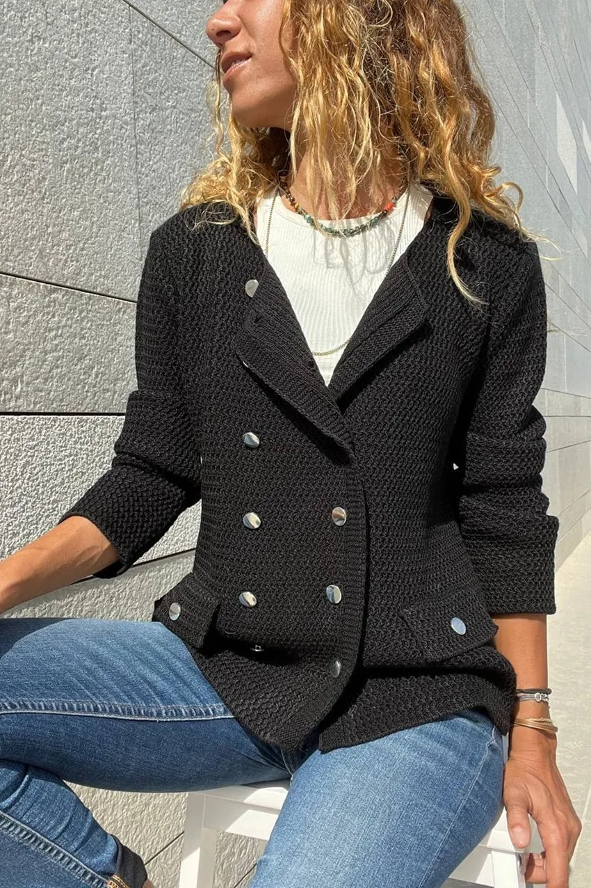GNS Woman Black Napoleon Buttoned Pocket Accessorized Special Textured Jacket Cardigan Cck95002 - Columbus