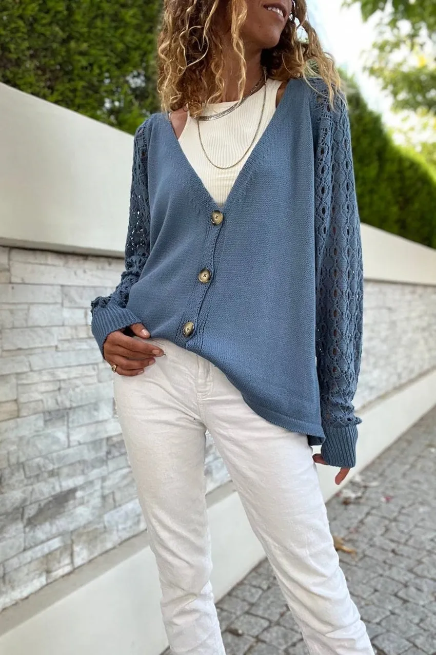 GNS Woman Indigo Raglan Sleeve Buttoned Sleeves Openwork Loose Cardigan Cck95004 - Kharkiv