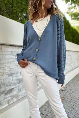 GNS Woman Indigo Raglan Sleeve Buttoned Sleeves Openwork Loose Cardigan Cck95004 - Kharkiv