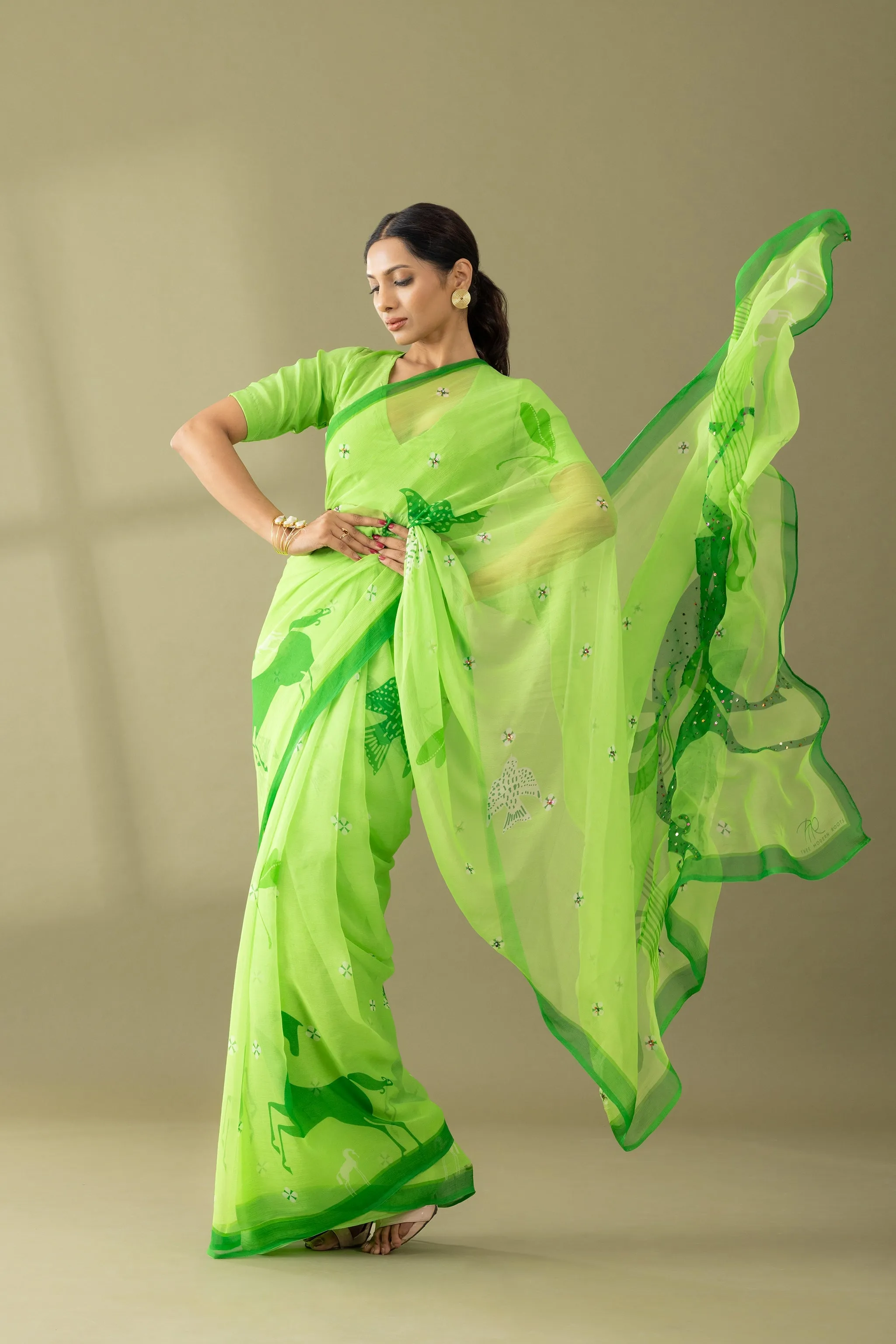 Graceful Charms Macha Green Printed & Embroidered Chiffon Saree