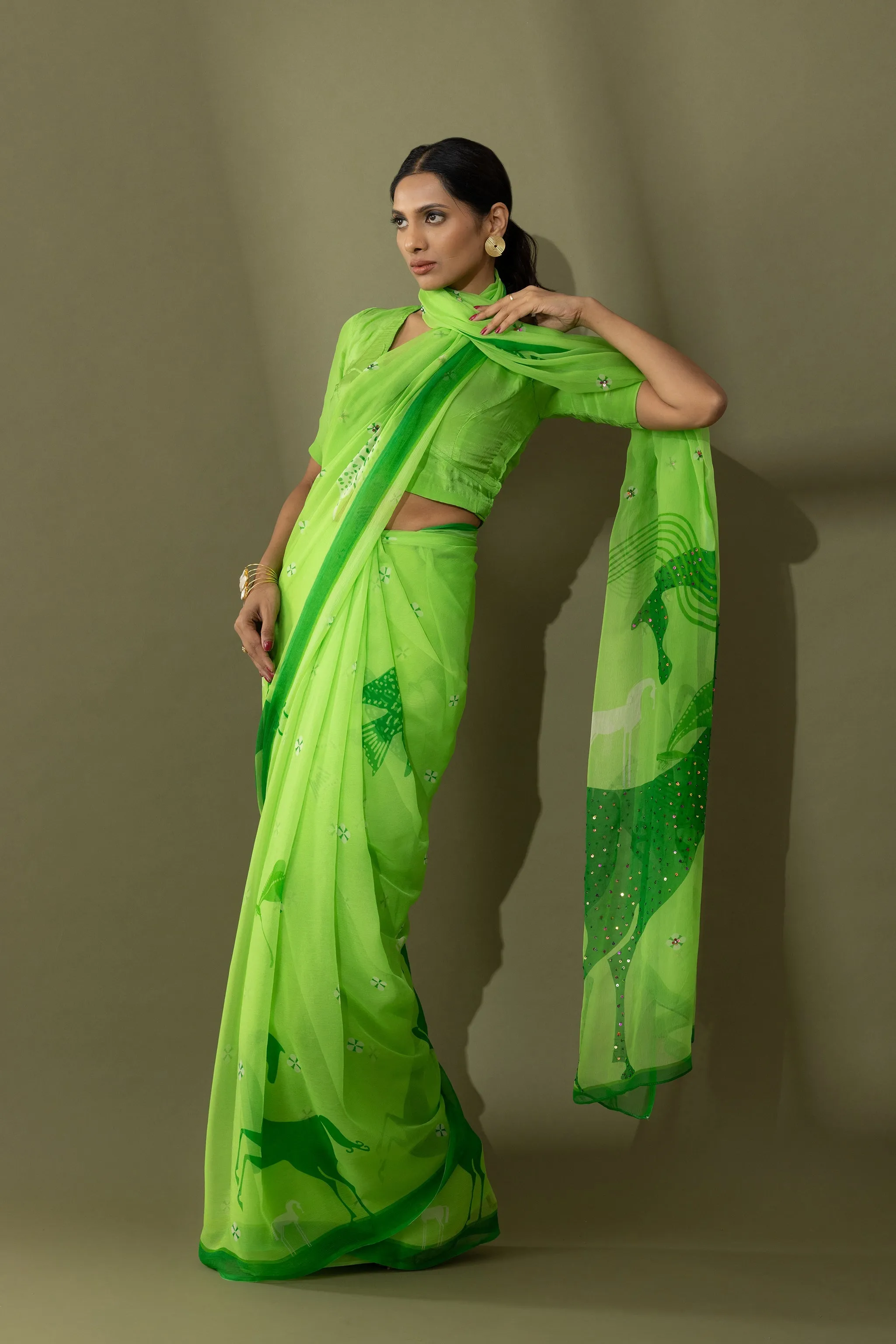 Graceful Charms Macha Green Printed & Embroidered Chiffon Saree