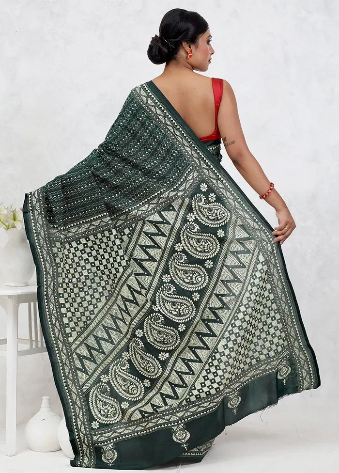 Green Kantha Stitch Pure Silk Saree With Blouse Piece