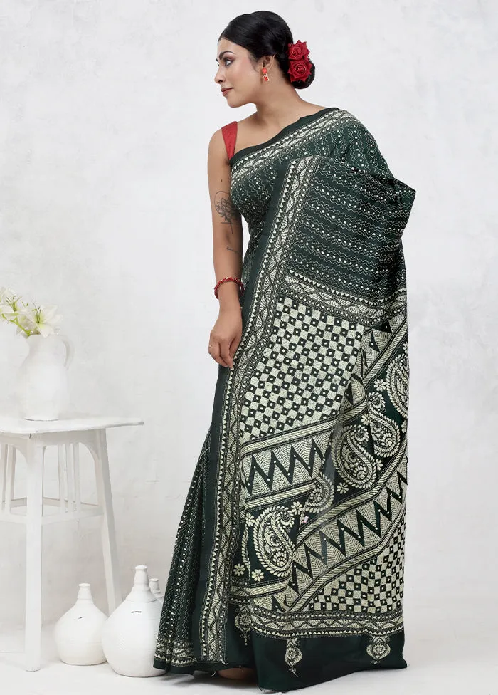 Green Kantha Stitch Pure Silk Saree With Blouse Piece