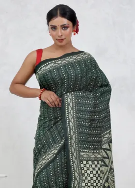 Green Kantha Stitch Pure Silk Saree With Blouse Piece