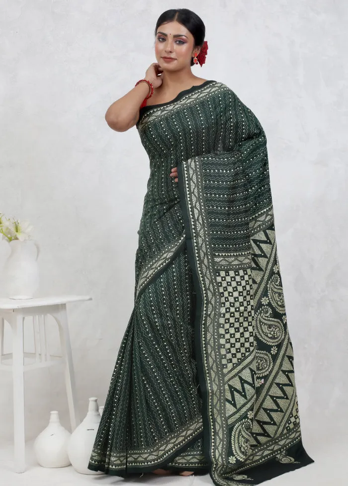 Green Kantha Stitch Pure Silk Saree With Blouse Piece