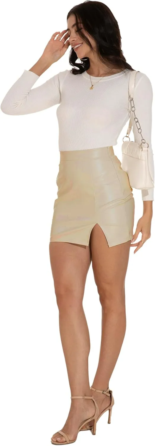 GUANYY Womens Leather Skirt High Waisted Stretchy Slit Faux Pleather Bodycon Party Mini Skirts