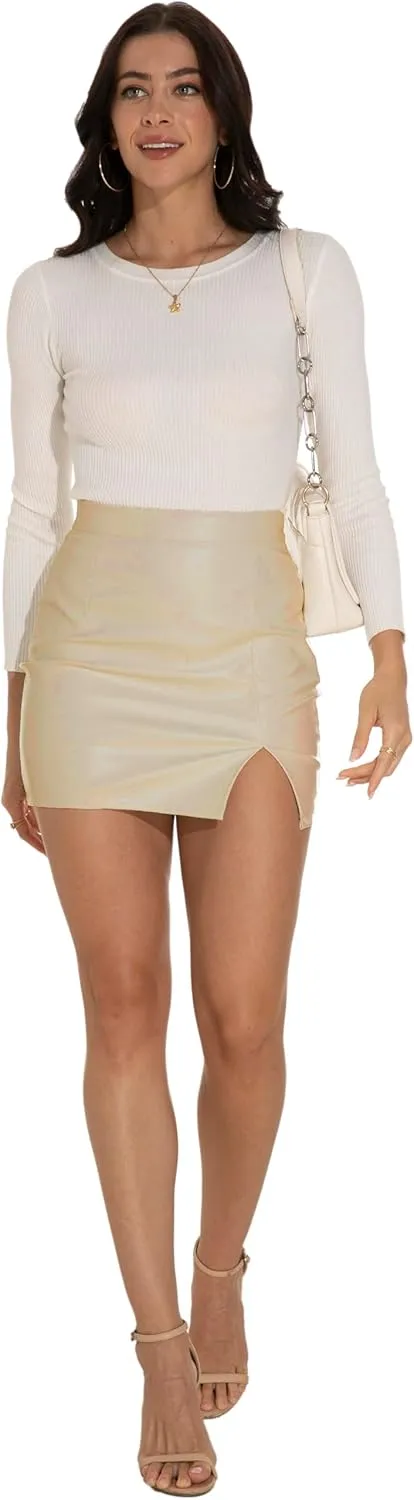GUANYY Womens Leather Skirt High Waisted Stretchy Slit Faux Pleather Bodycon Party Mini Skirts