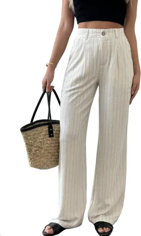 heipeiwa Women's Linen Casual High Waist Wide Leg Straight Dress Cotton Linen Pants Button Trousers