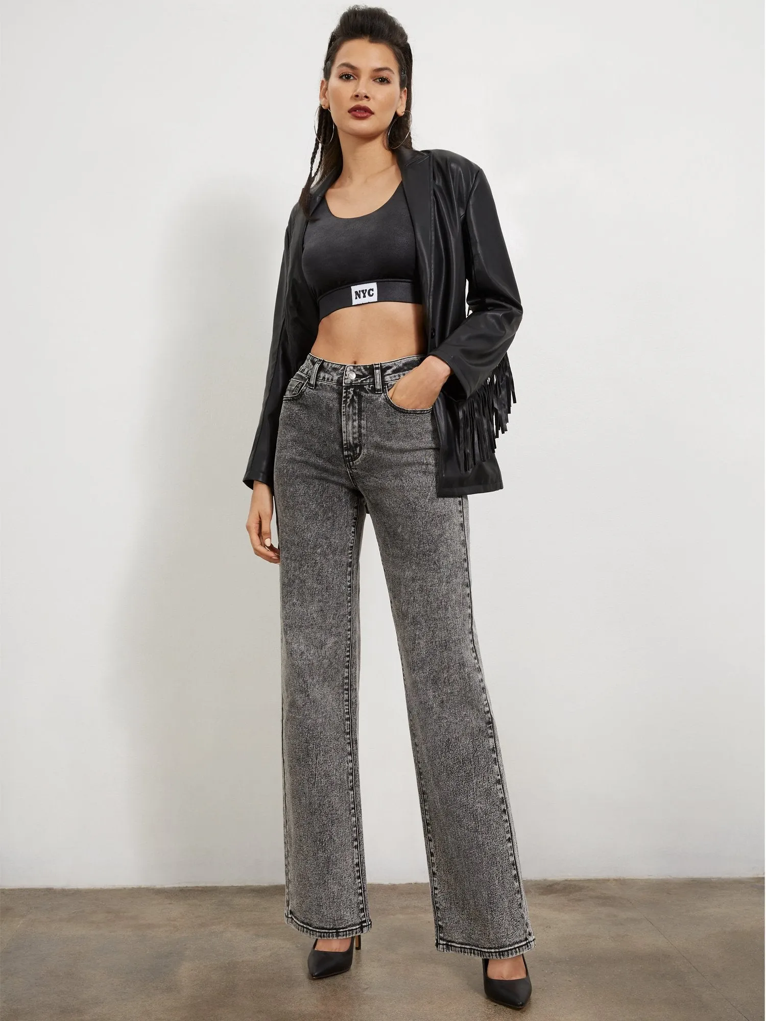 High-Waisted Acid-Wash Wide-Leg Jeans