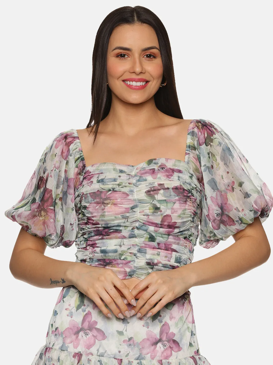 IS.U Floral Multicolor Ruching Detail Crop Top