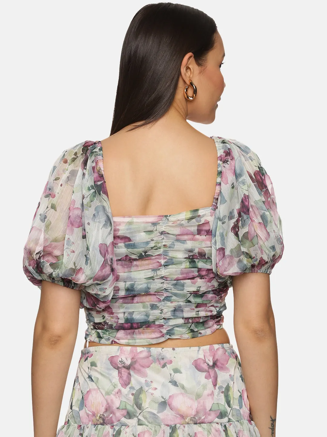IS.U Floral Multicolor Ruching Detail Crop Top