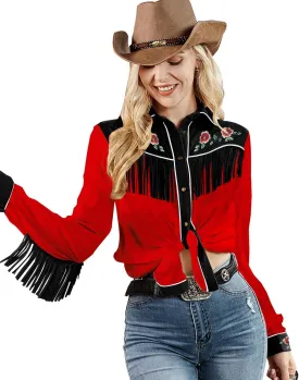 JOHN MOON Womens Fringe Western Long Sleeve Shirts Floral Embroidered Cowgirl Button Down Shacket Blouse Country Rodeo Outfit