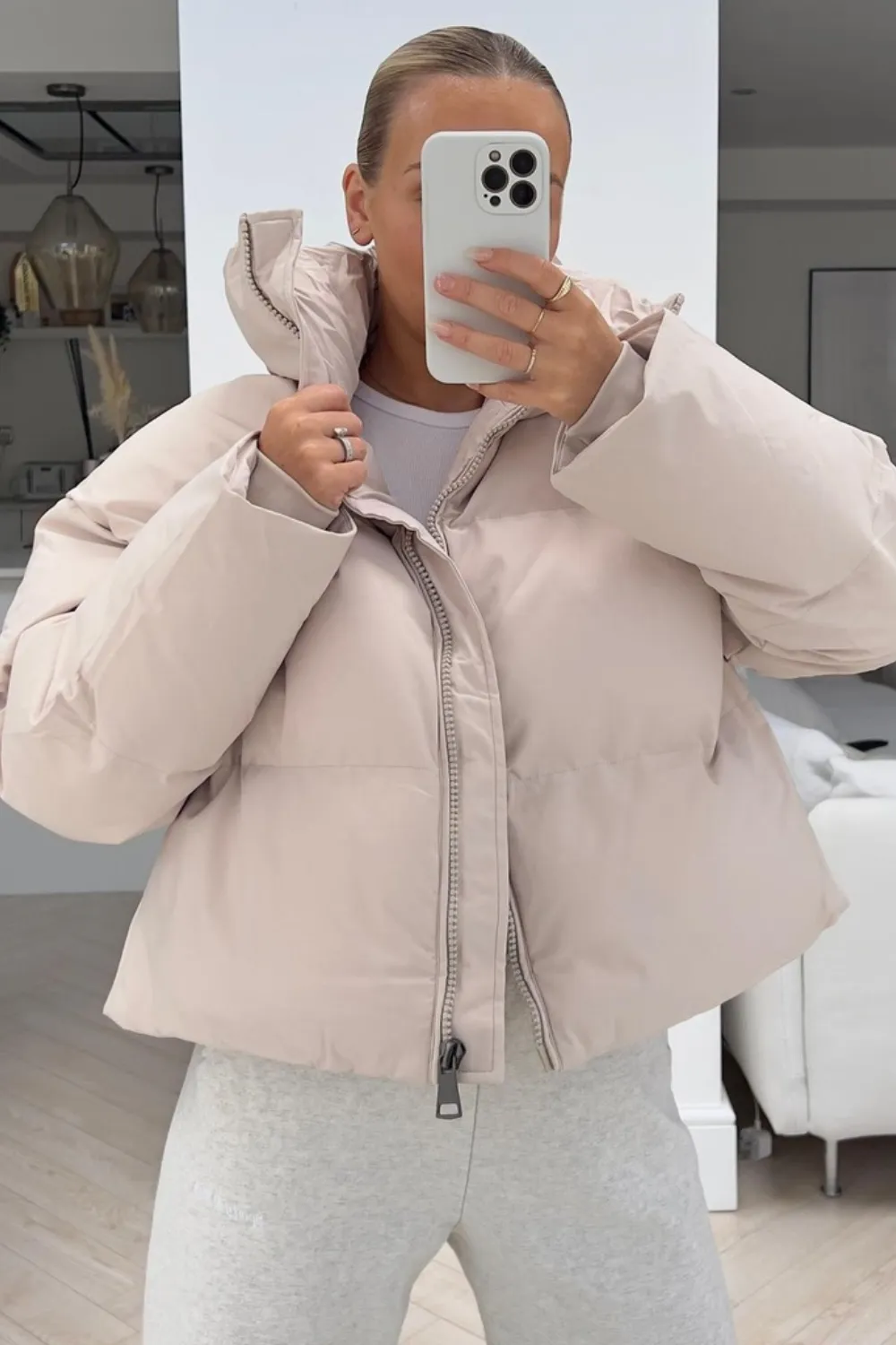 Kara beige crop zip up duvet coat