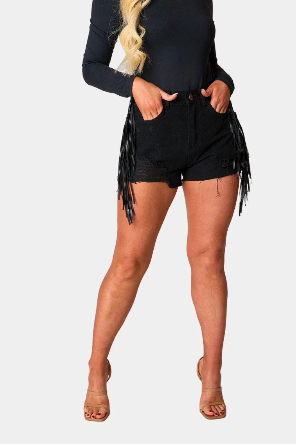 Lacey Distressed Denim Shorts - Black