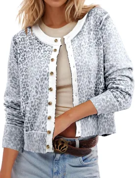 Leopard Cardigan Open Front Button Up Sweaters for Women Long Sleeve Shrug Cheetah Print Top Cropped Cardigan Jackets