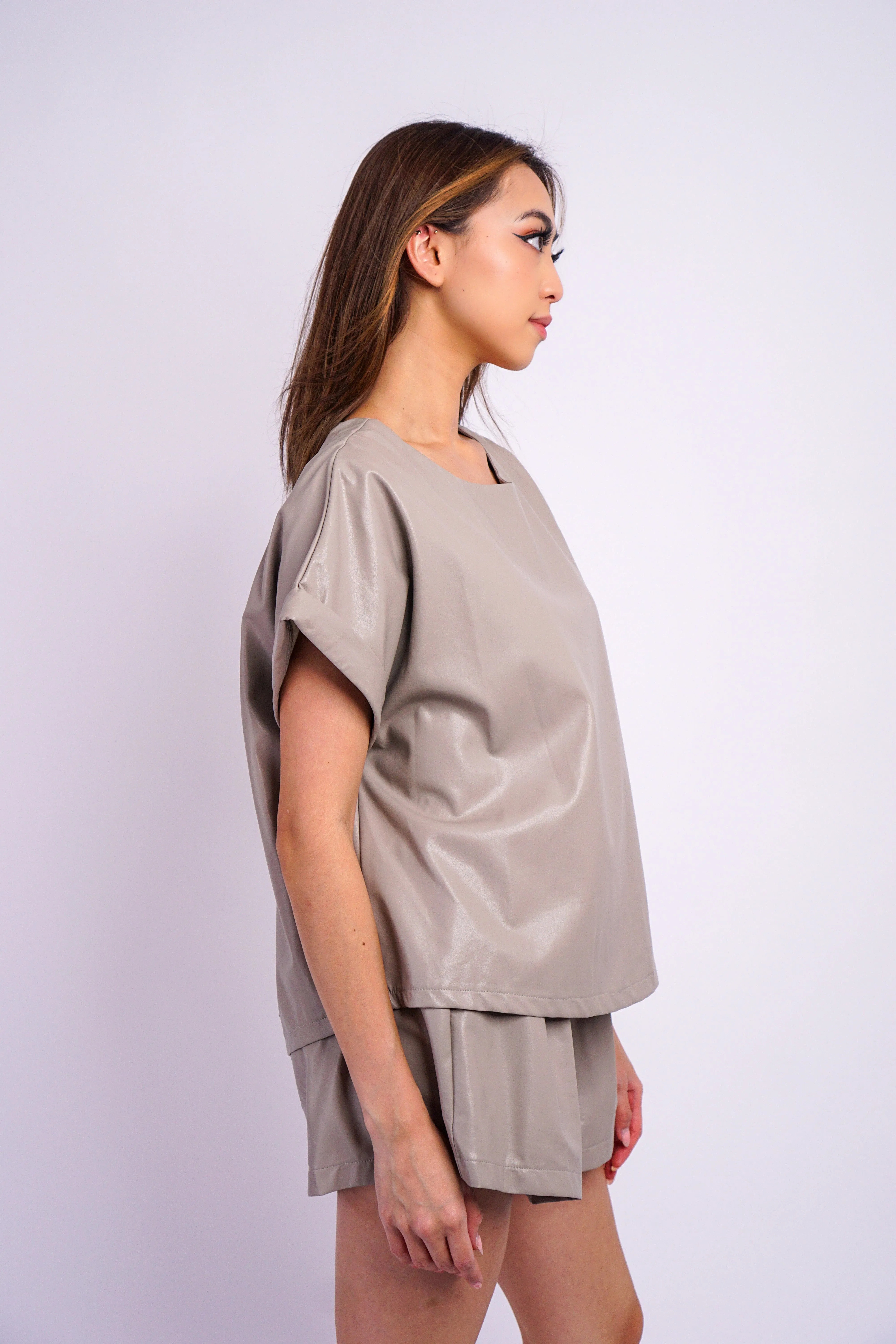 Light Grey Relaxed Crew Vegan Leather Top
