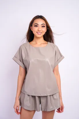 Light Grey Relaxed Crew Vegan Leather Top