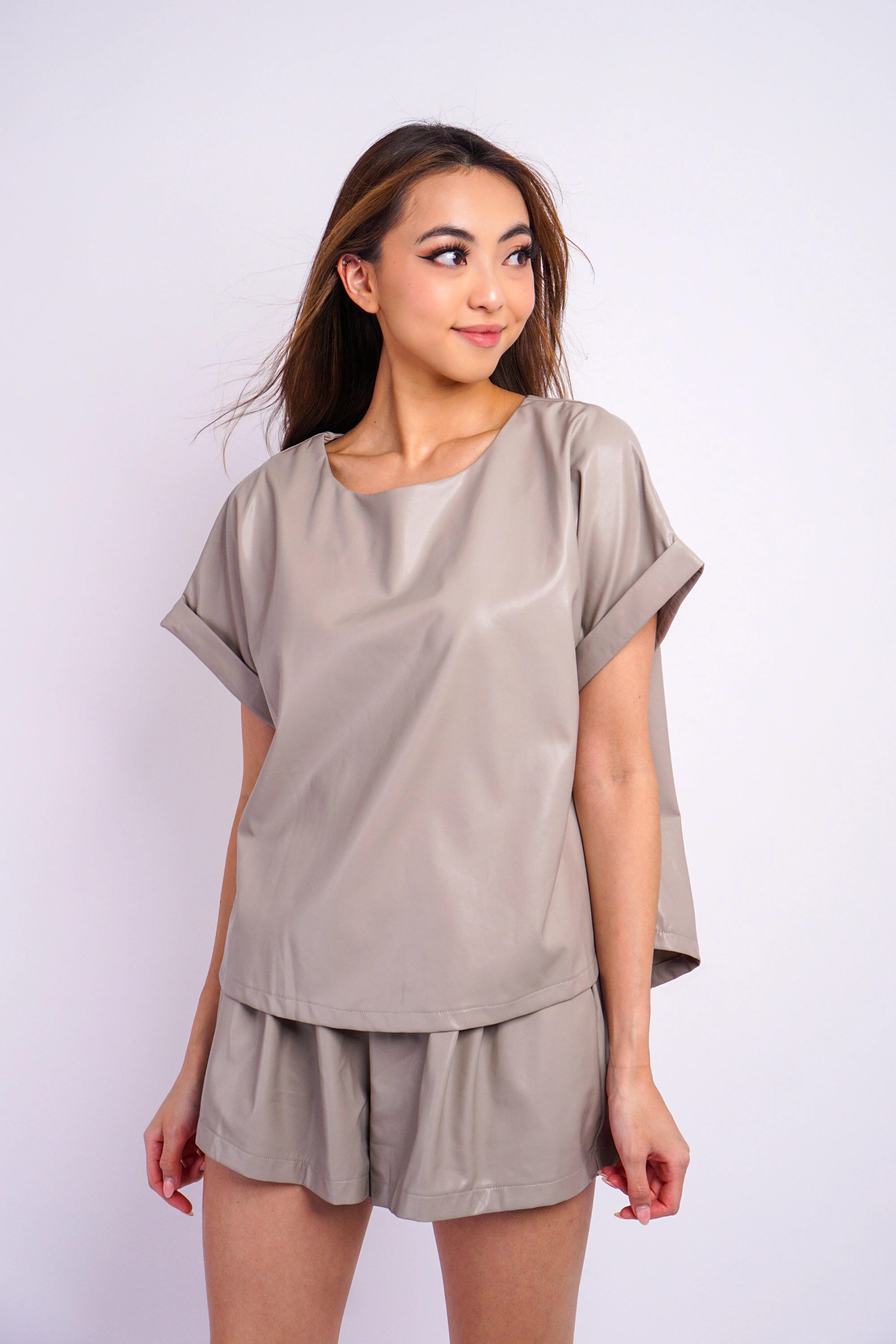 Light Grey Relaxed Crew Vegan Leather Top
